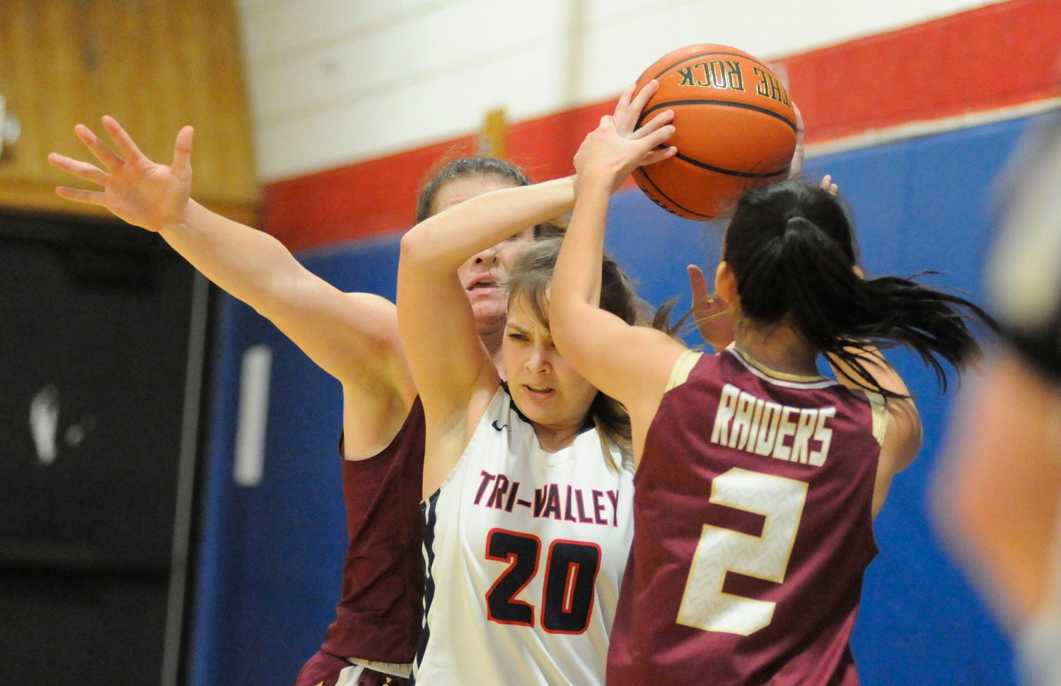 Boxed in. Tri-Valley’s Abbigail Mentnech is hemmed in by O’Neill defenders Daisy West and Adah Spain, who on offense respectively scored 10 points and 14 points...
